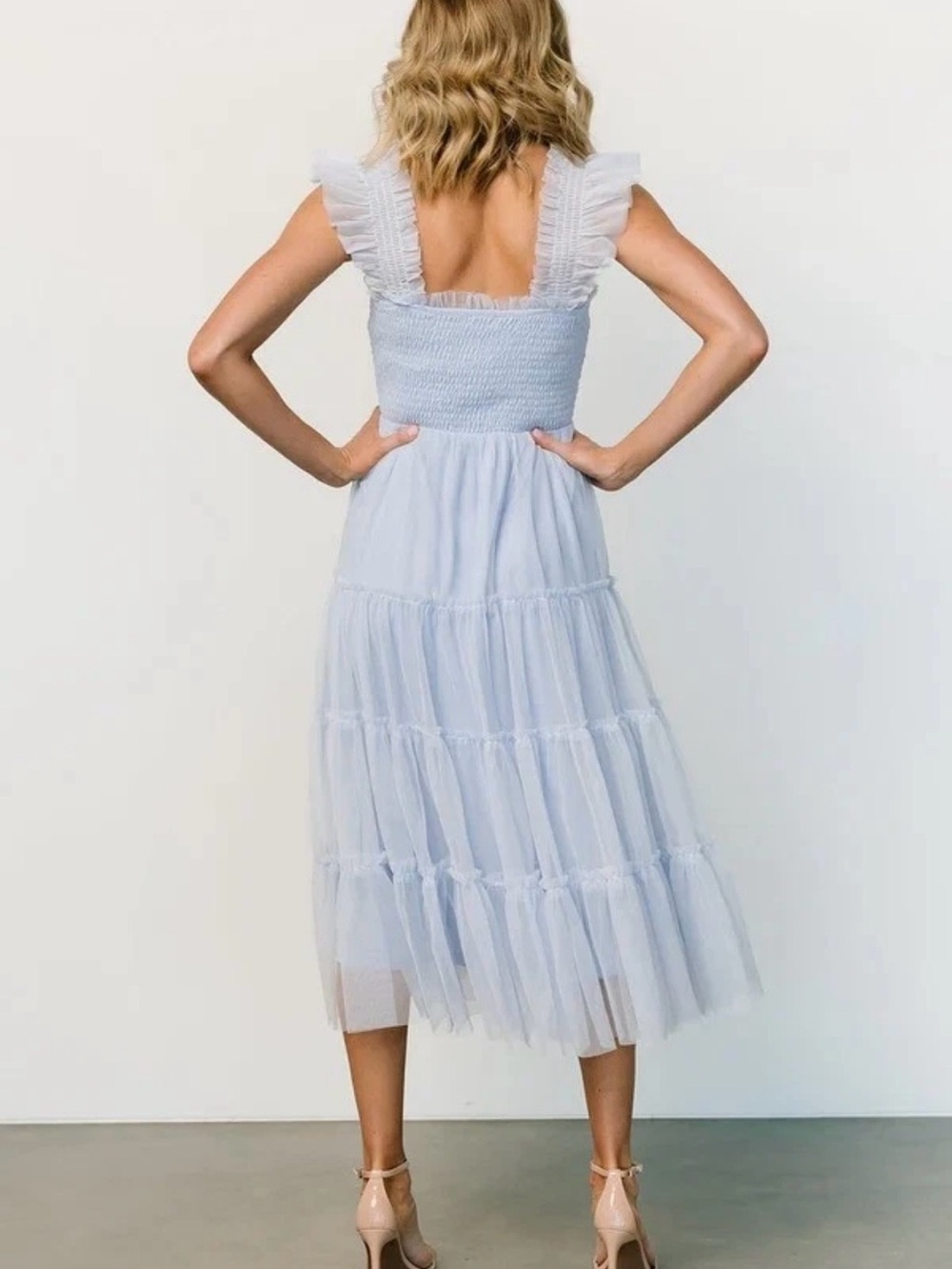 Baltic Born Emma Smocked Midi Tulle Dress EUC Light Blue M Tiered Tulle Ruffle - Picture 2 of 8